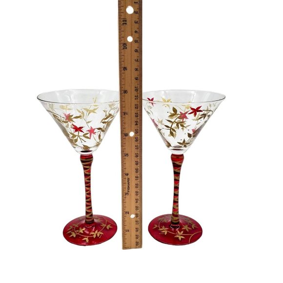 Vintage Pier One Imports Red Stem & Base Gold Leaf Martini Glasses‎ Hand Blown - Picture 3 of 7